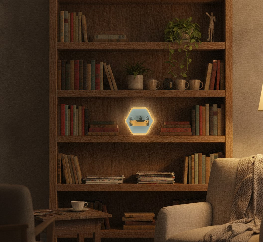 Angler im Boot LED-Lampe im Bücherregal
