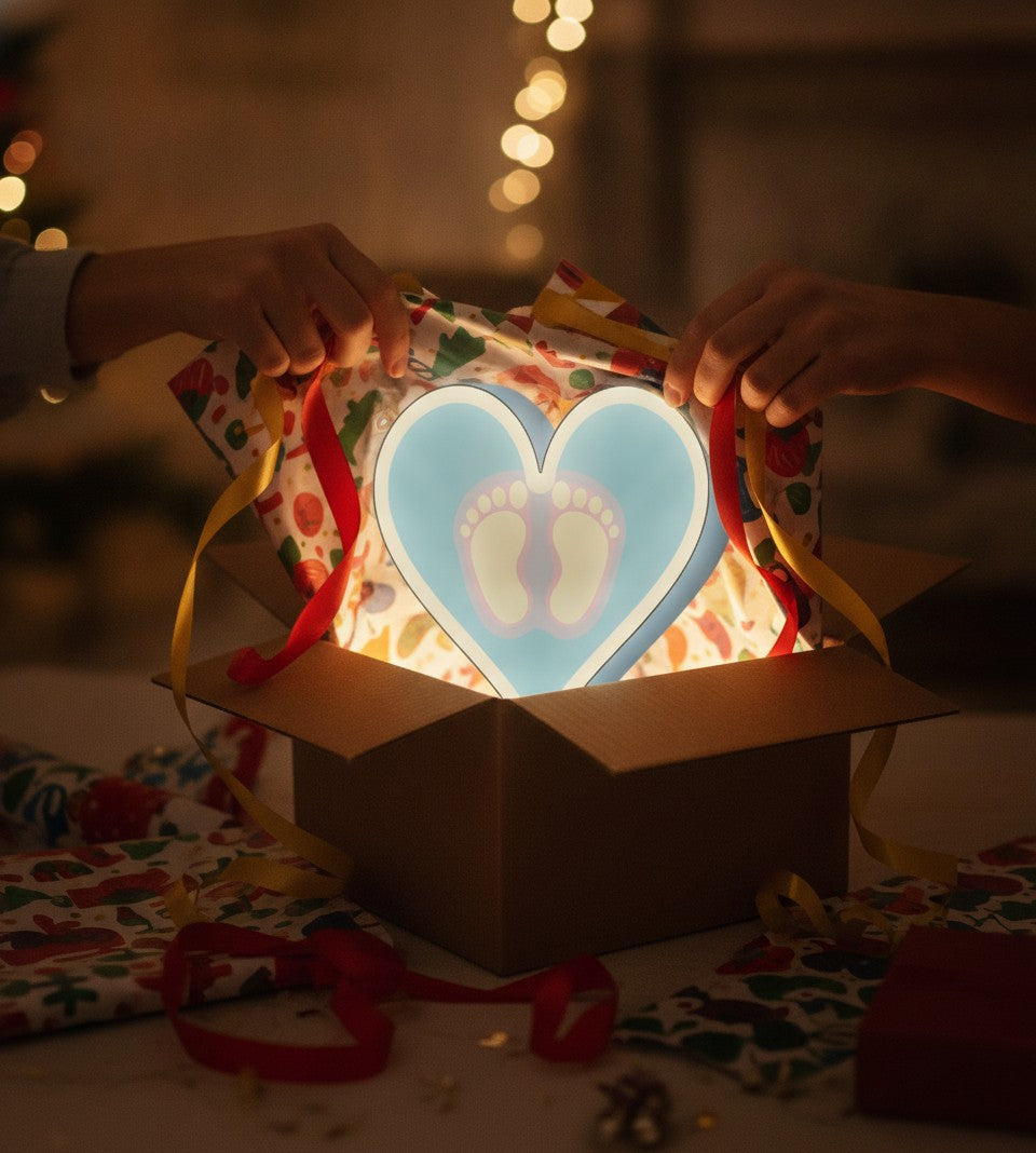 Babyfüße LED-Lampe als Geschenk beim Auspacken