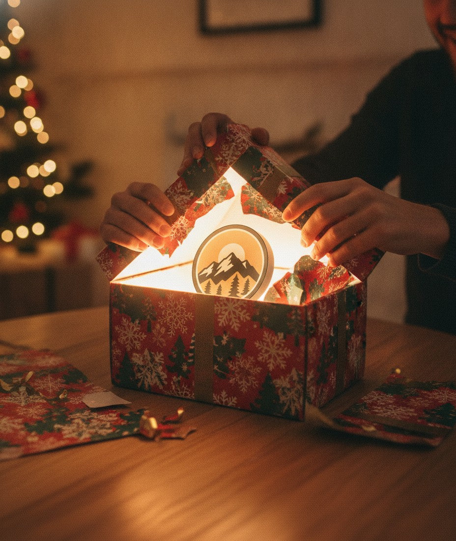 Berge mit Sonne LED-Lampe als Geschenk beim Auspacken