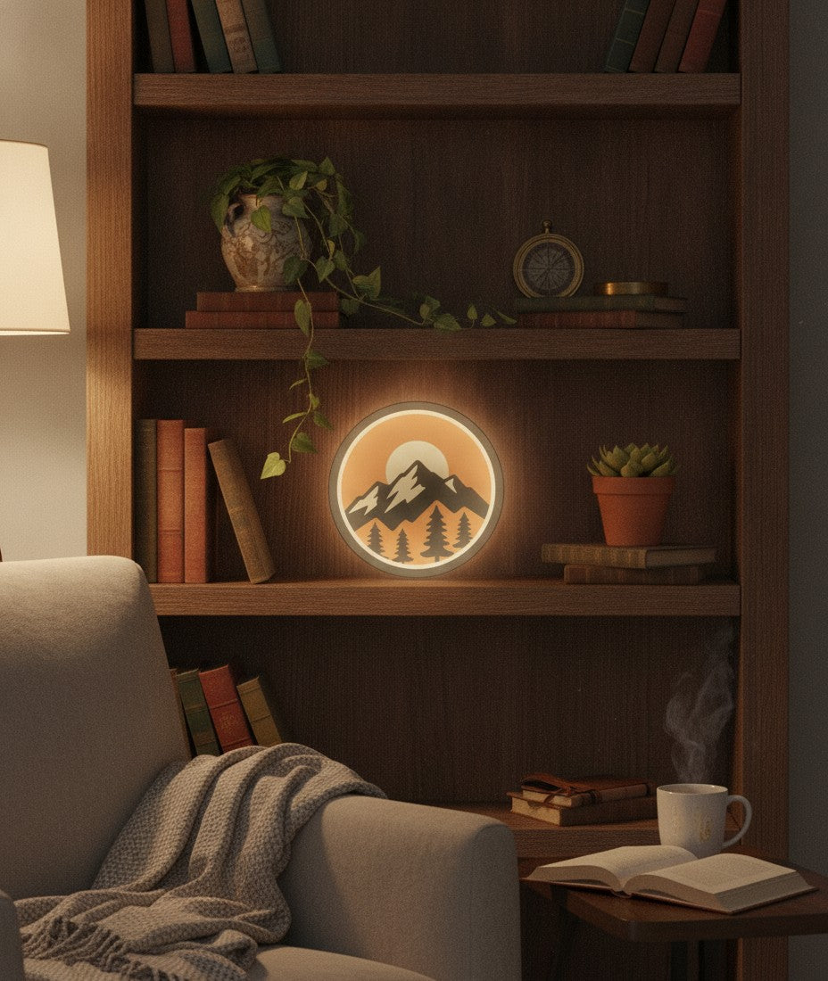 Berge mit Sonne LED-Lampe im Bücherregal