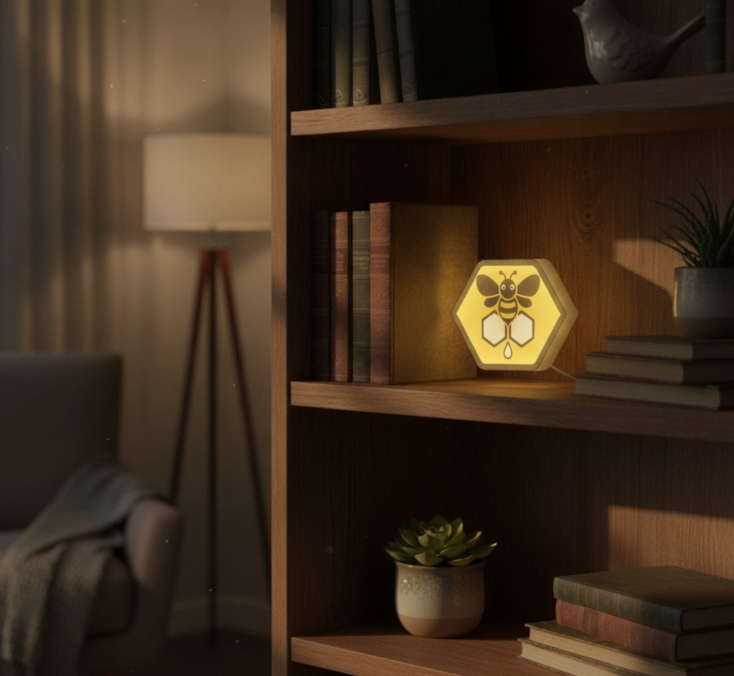 Biene mit Waben LED-Lampe im Bücherregal