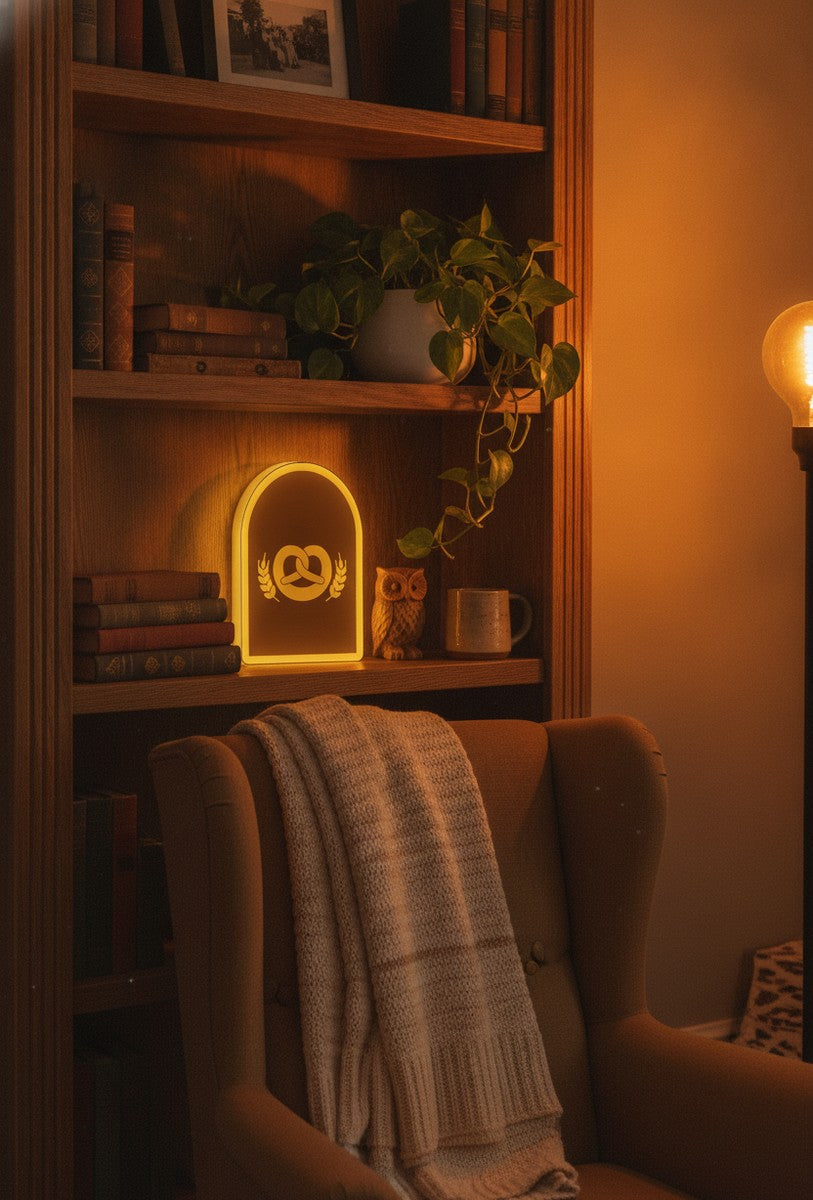 Brezel LED-Lampe im Bücherregal