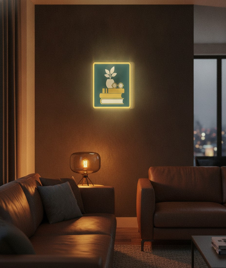 Bücherstapel LED-Lampe an der Wand im Wohnzimmer