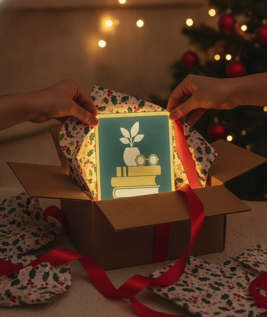 Bücherstapel LED-Lampe als Geschenk beim Auspacken