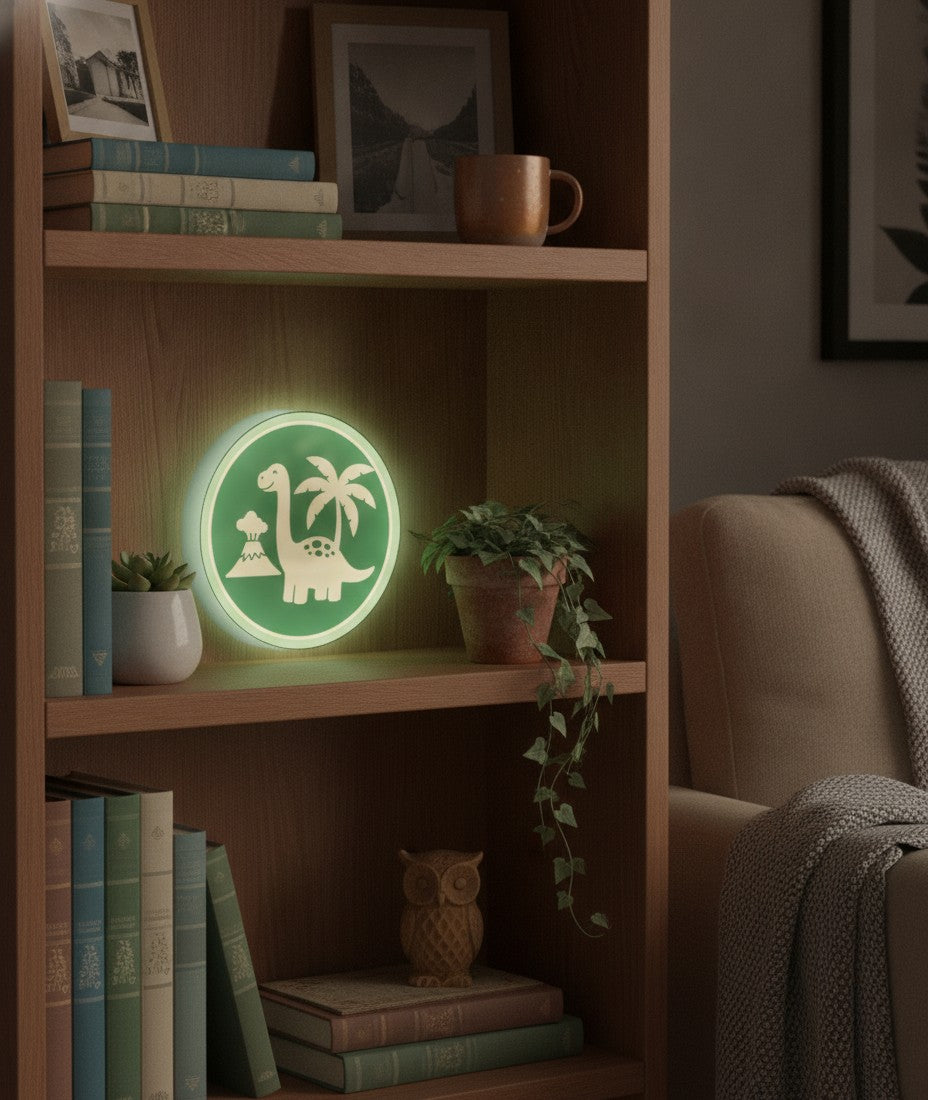 Dino LED-Lampe im Bücherregal