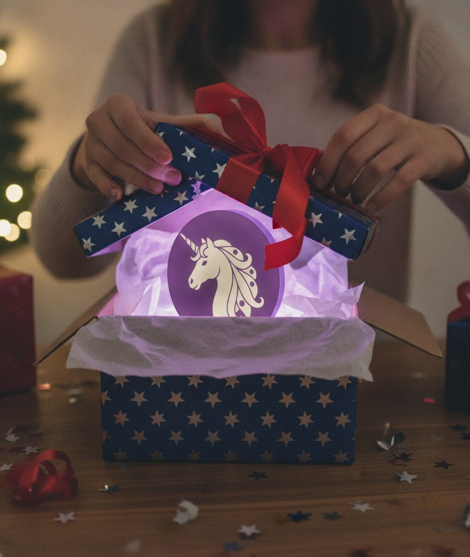 Einhorn LED-Lampe als Geschenk beim Auspacken