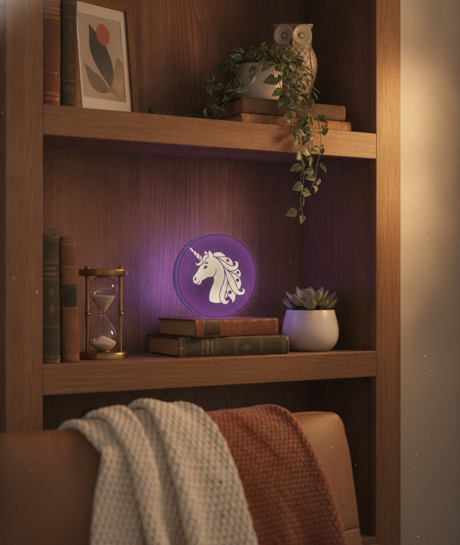 Einhorn LED-Lampe im Bücherregal