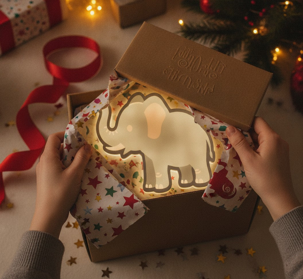 Baby-Elefant LED-Lampe als Geschenk beim Auspacken