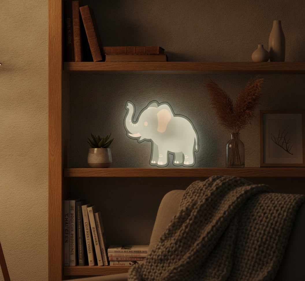 Baby-Elefant LED-Lampe im Bücherregal