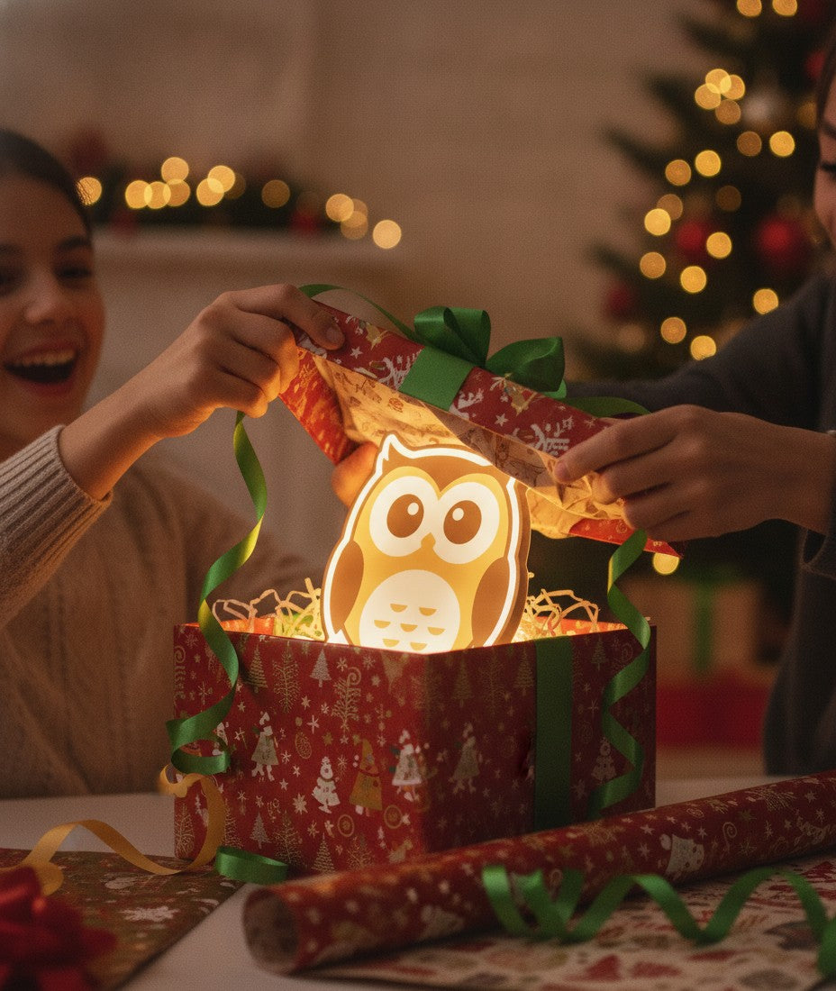 Eule auf dem Ast LED-Lampe als Geschenk beim Auspacken