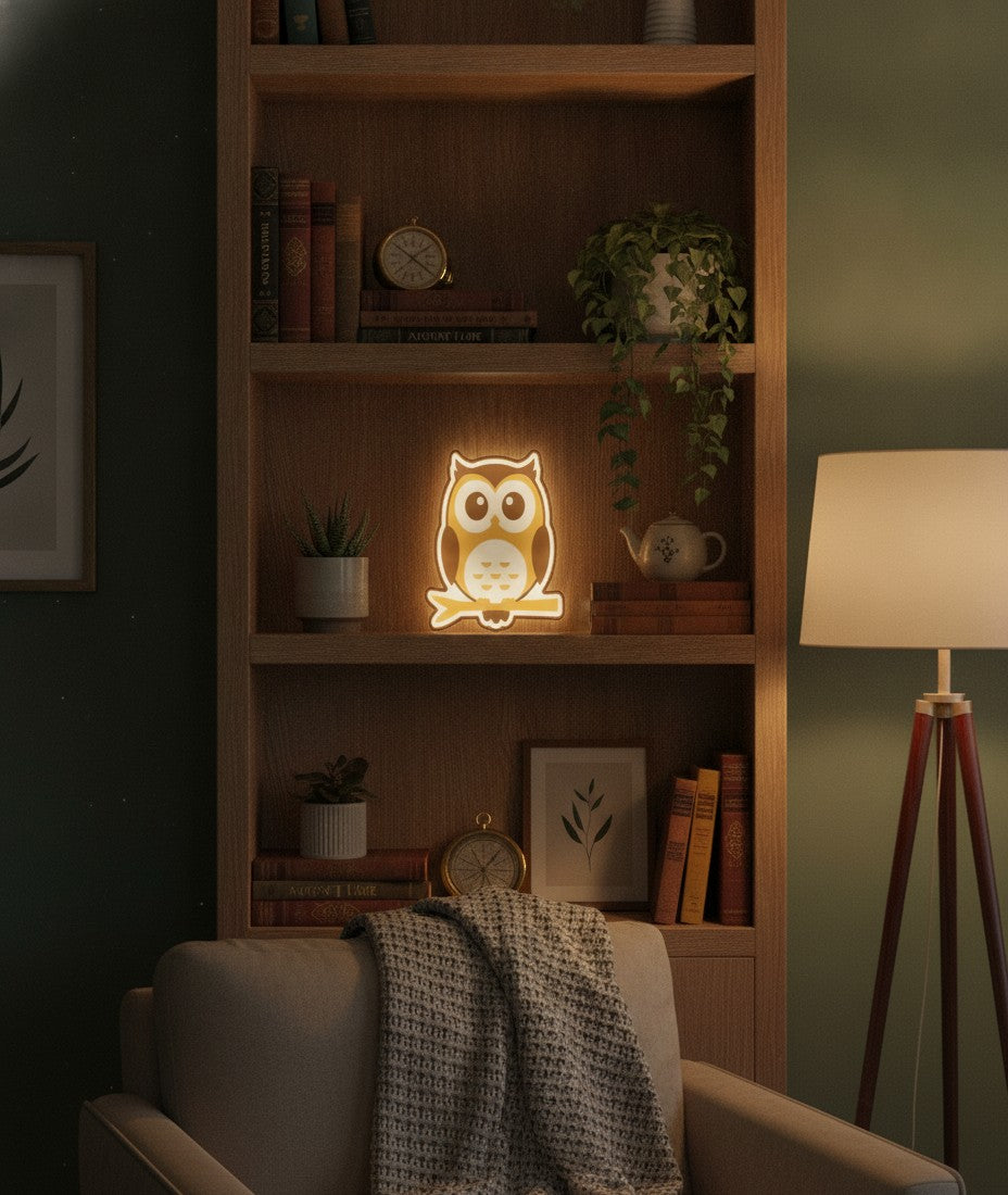 Eule auf dem Ast LED-Lampe im Bücherregal