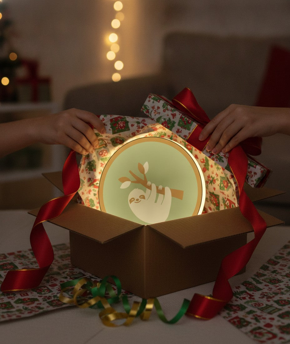Faultier am Ast LED-Lampe als Geschenk beim Auspacken