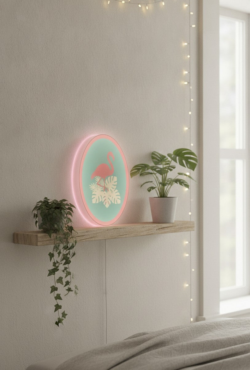 Flamingo LED-Lampe im Schlafzimmer