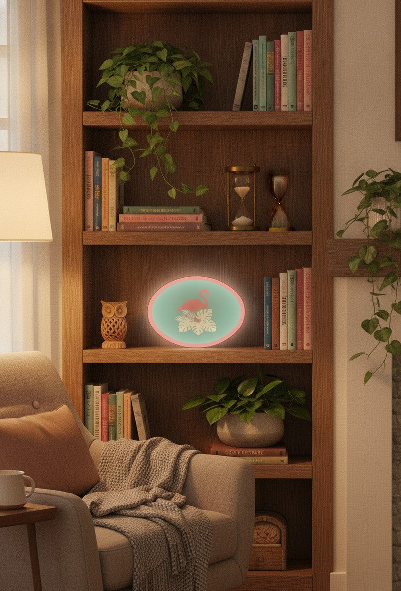 Flamingo LED-Lampe im Bücherregal