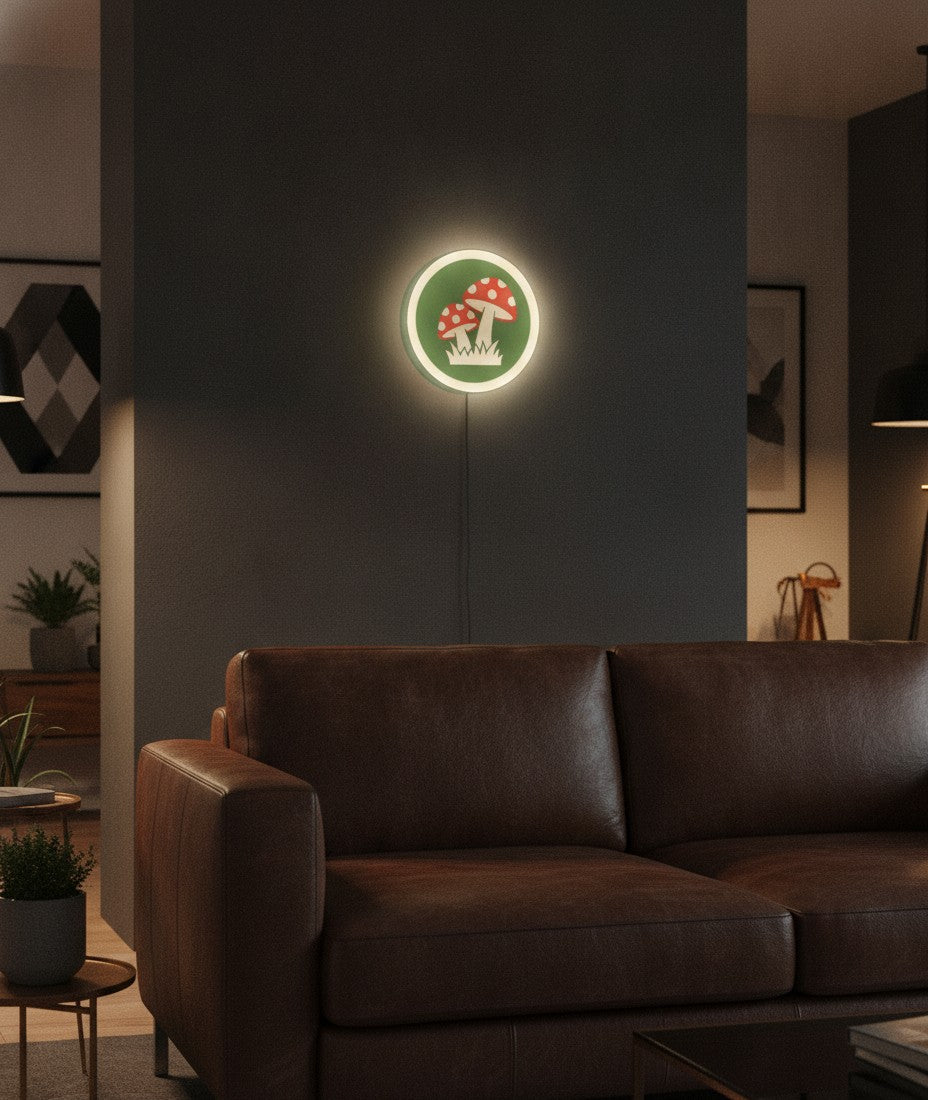 Fliegenpilz LED-Lampe an der Wand im Wohnzimmer