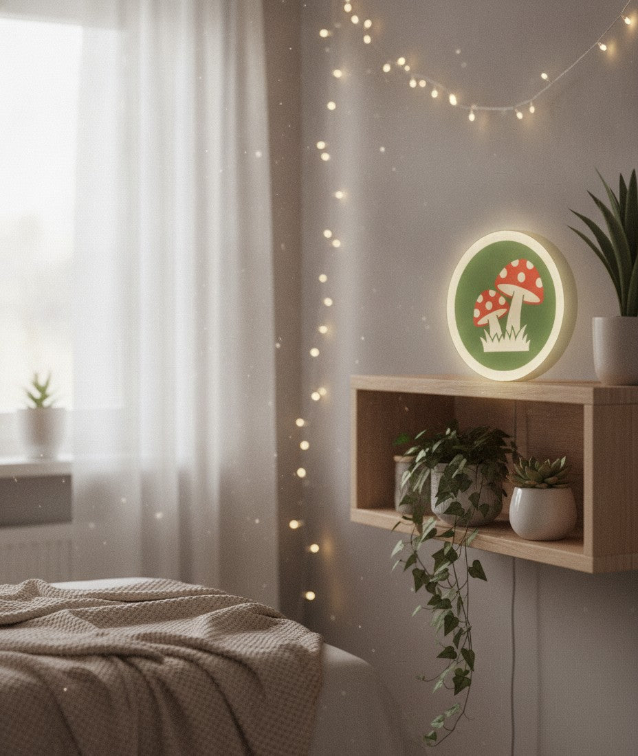 Fliegenpilz LED-Lampe im Schlafzimmer