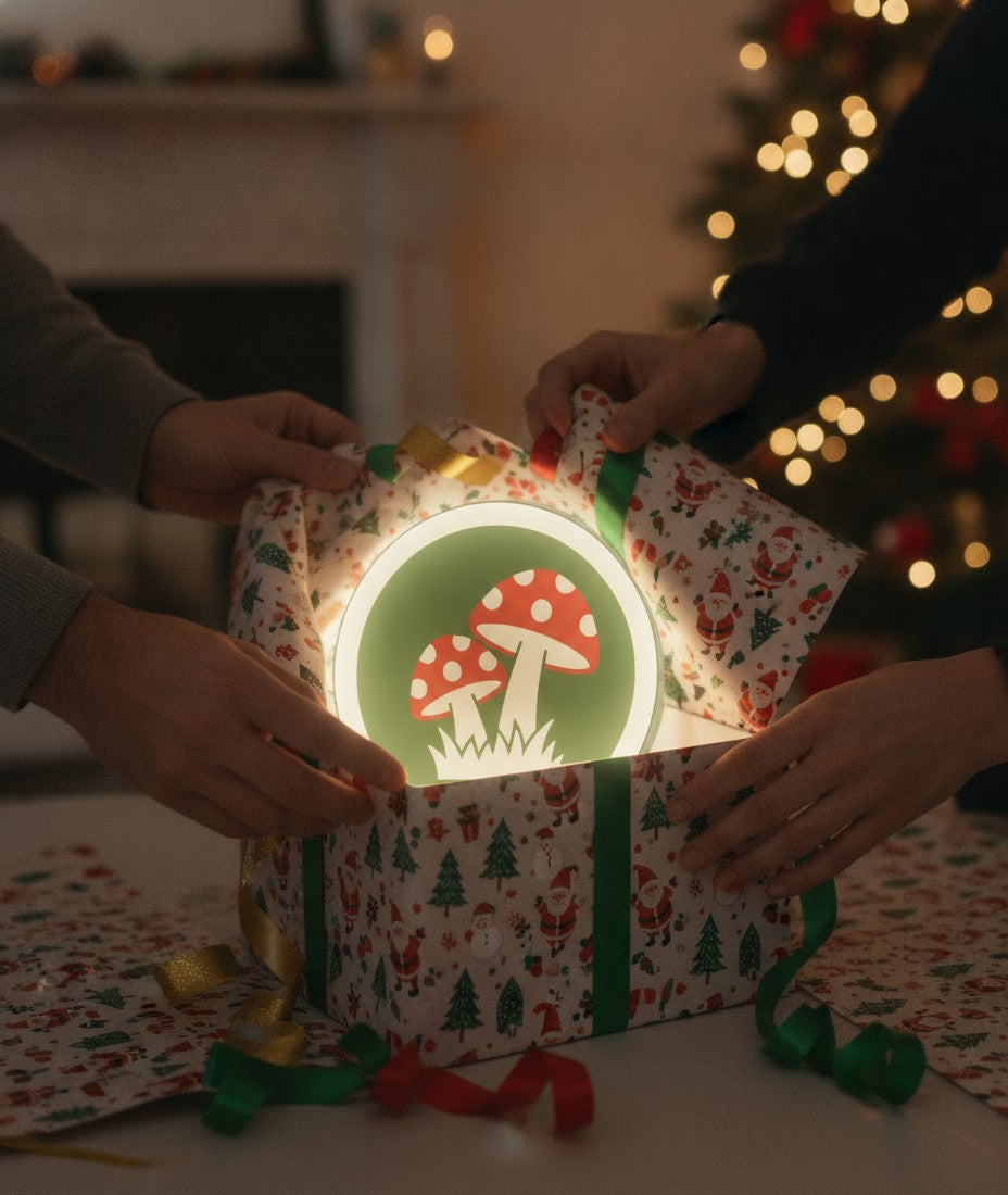 Fliegenpilz LED-Lampe als Geschenk beim Auspacken