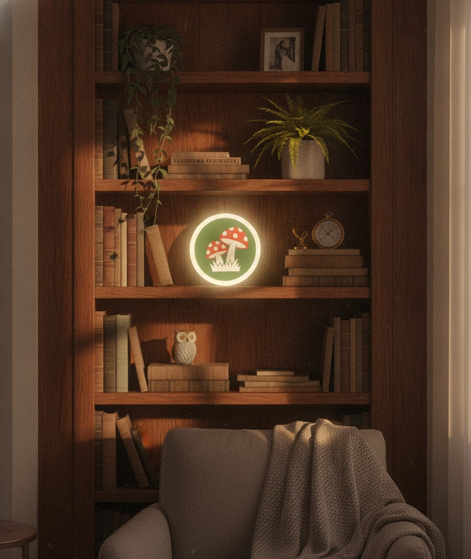 Fliegenpilz LED-Lampe im Bücherregal