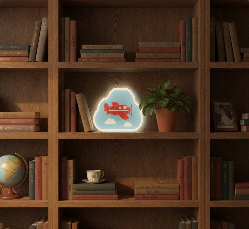 Propellerflugzeug LED-Lampe im Bücherregal