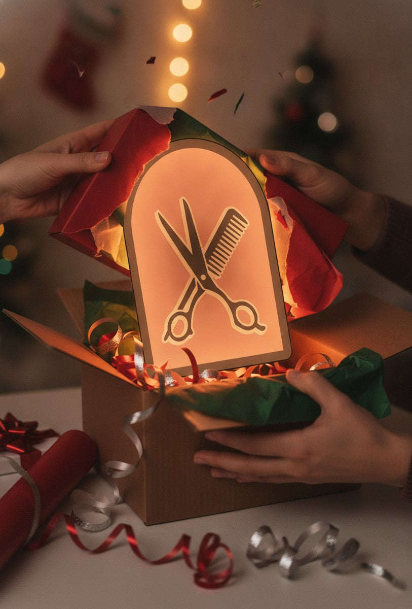 Schere und Kamm LED-Lampe als Geschenk beim Auspacken