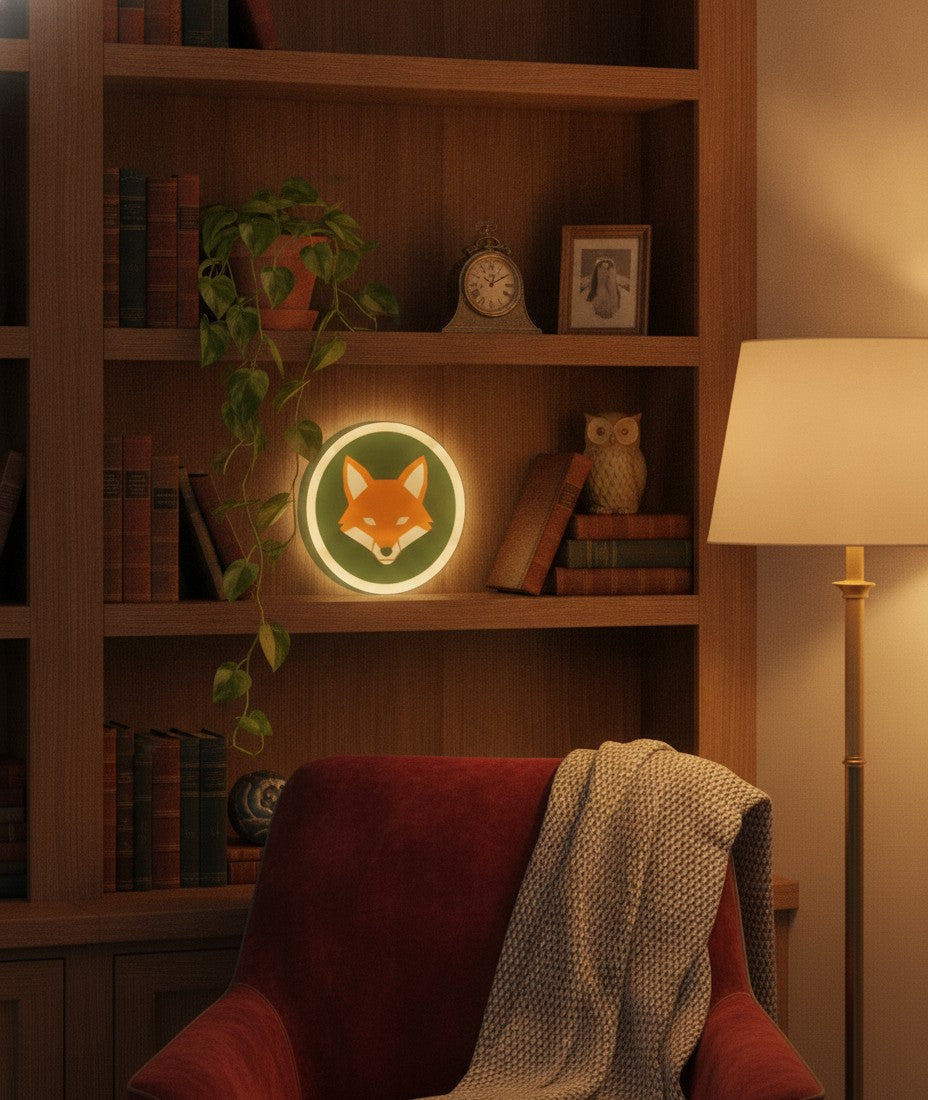Fuchs LED-Lampe im Bücherregal