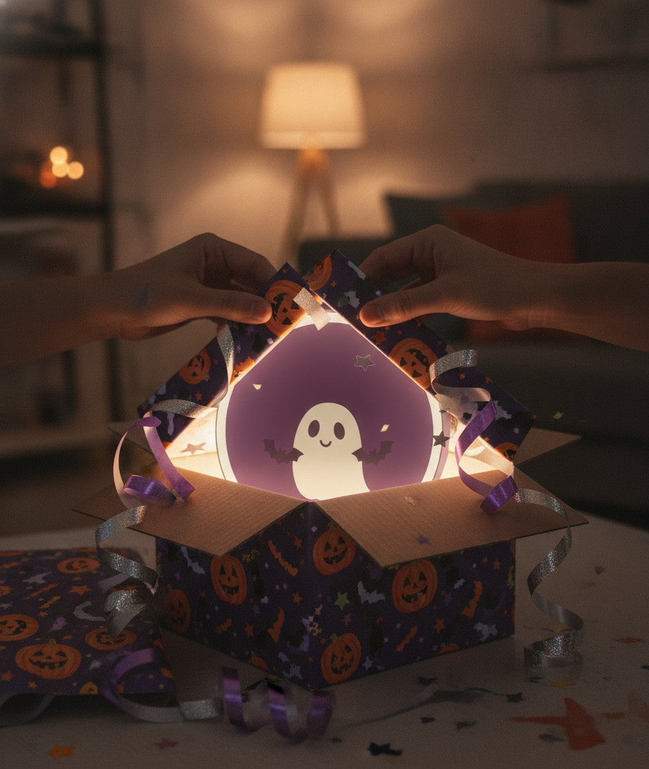 Kleines Gespenst LED-Lampe als Geschenk beim Auspacken