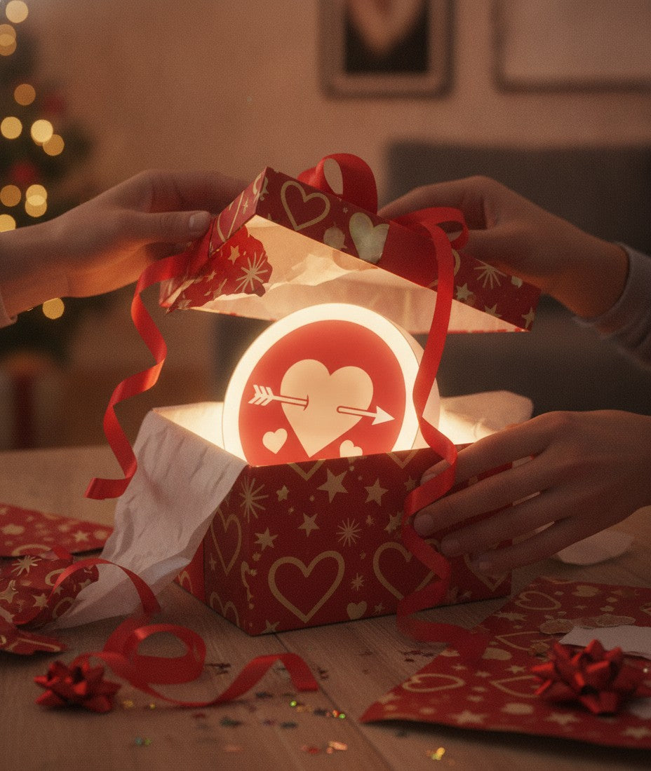 Herz mit Pfeil LED-Lampe als Geschenk beim Auspacken