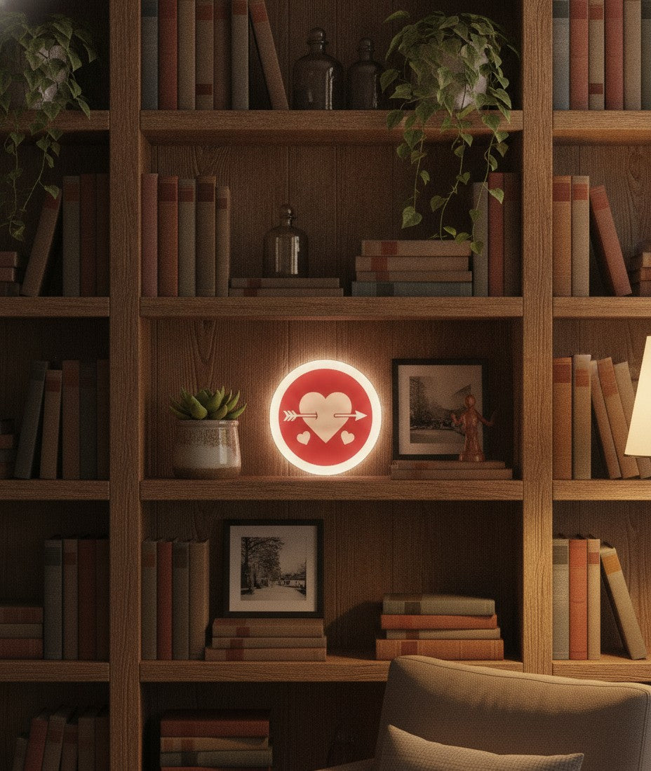 Herz mit Pfeil LED-Lampe im Bücherregal