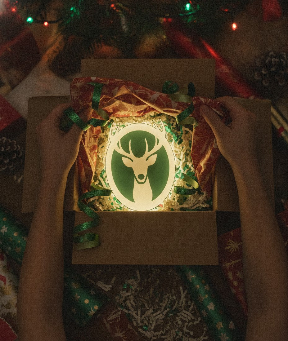 Hirsch mit Geweih LED-Lampe als Geschenk beim Auspacken