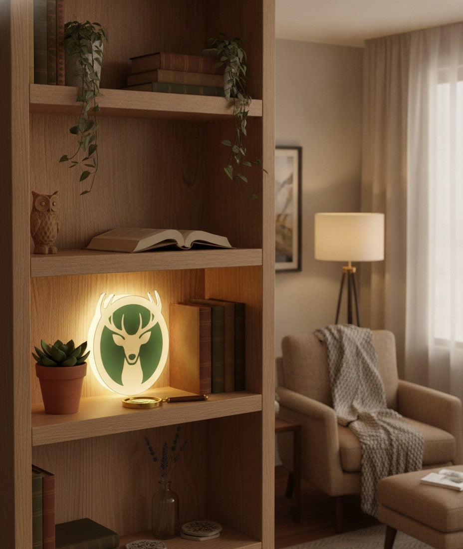 Hirsch mit Geweih LED-Lampe im Bücherregal
