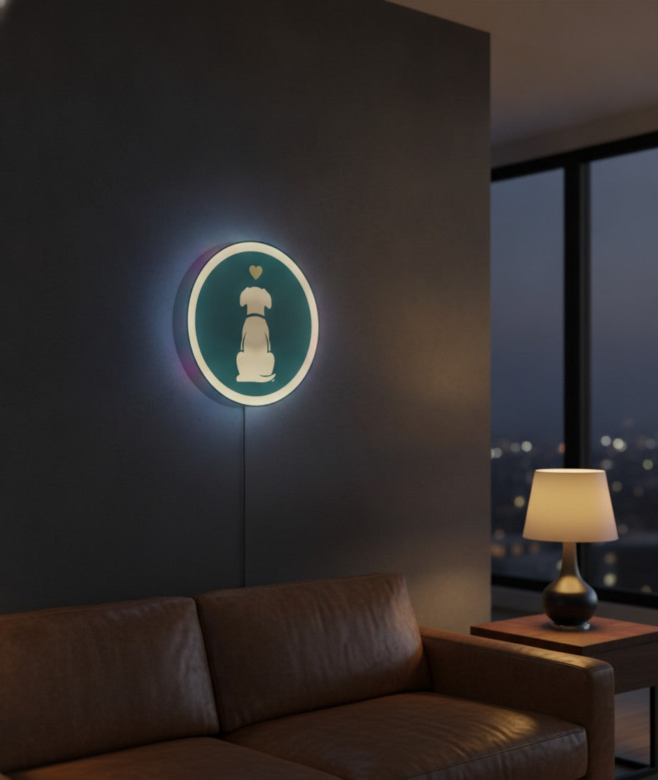 Hund mit Herz LED-Lampe an der Wand im Wohnzimmer