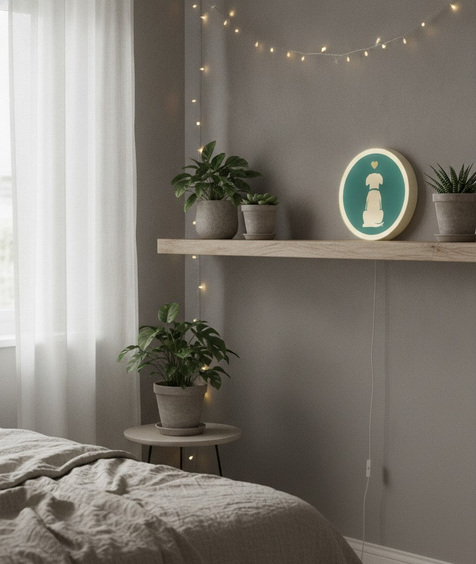 Hund mit Herz LED-Lampe im Schlafzimmer