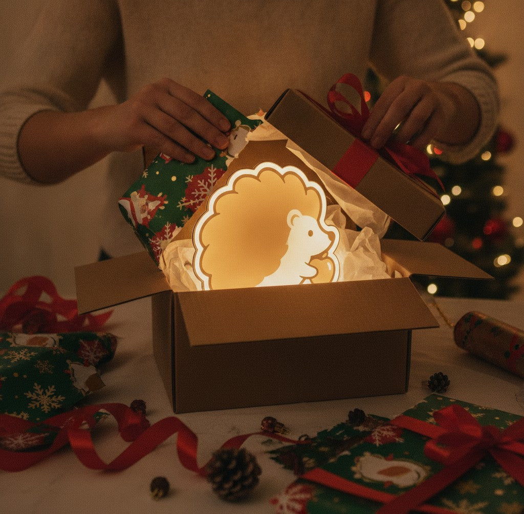 Igel mit Apfel LED-Lampe als Geschenk beim Auspacken