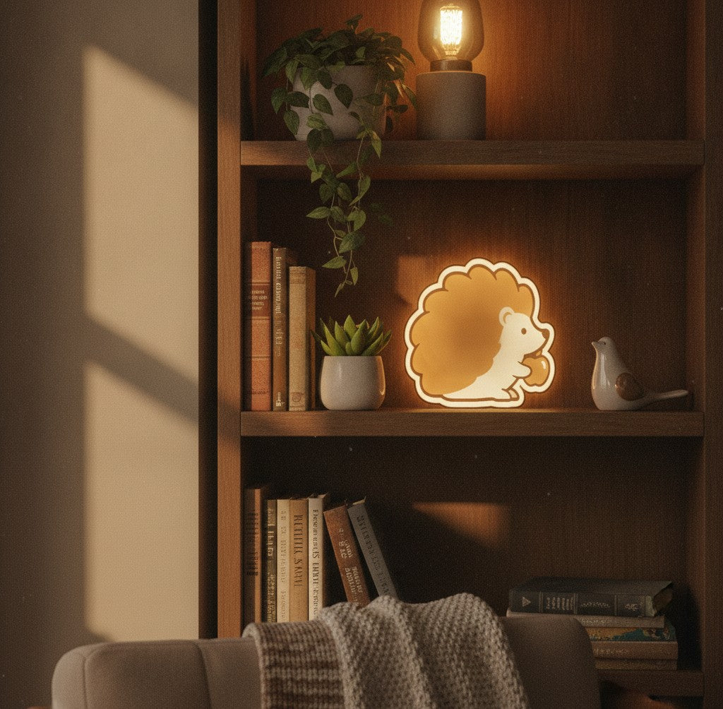 Igel mit Apfel LED-Lampe im Bücherregal
