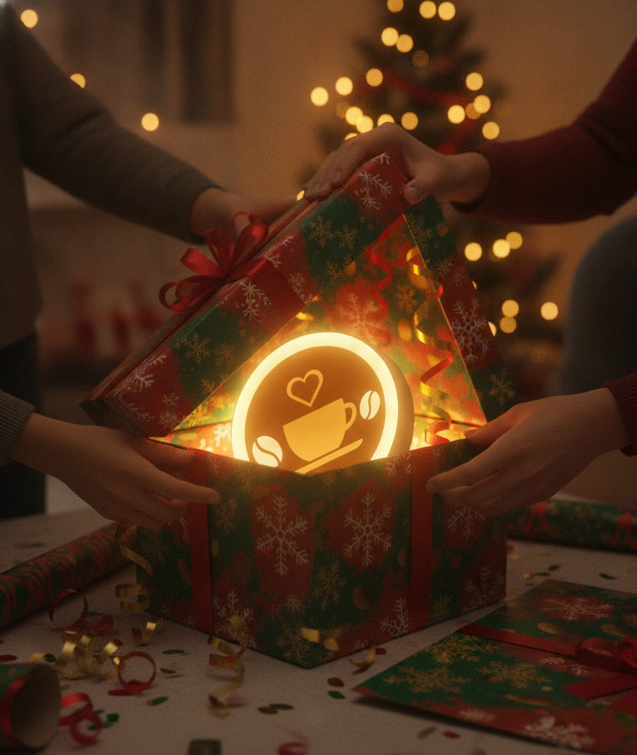 Kaffeetasse LED-Lampe als Geschenk beim Auspacken