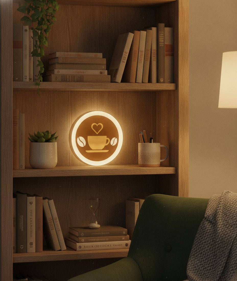Kaffeetasse LED-Lampe im Bücherregal