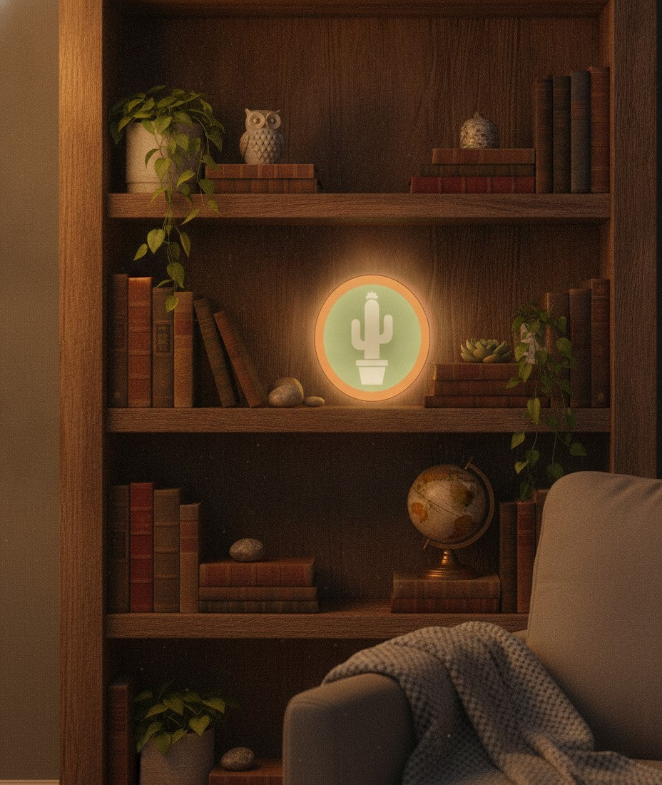 Kaktus LED-Lampe im Bücherregal