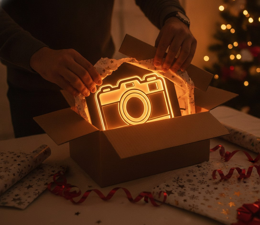 Retro-Kamera LED-Lampe als Geschenk beim Auspacken