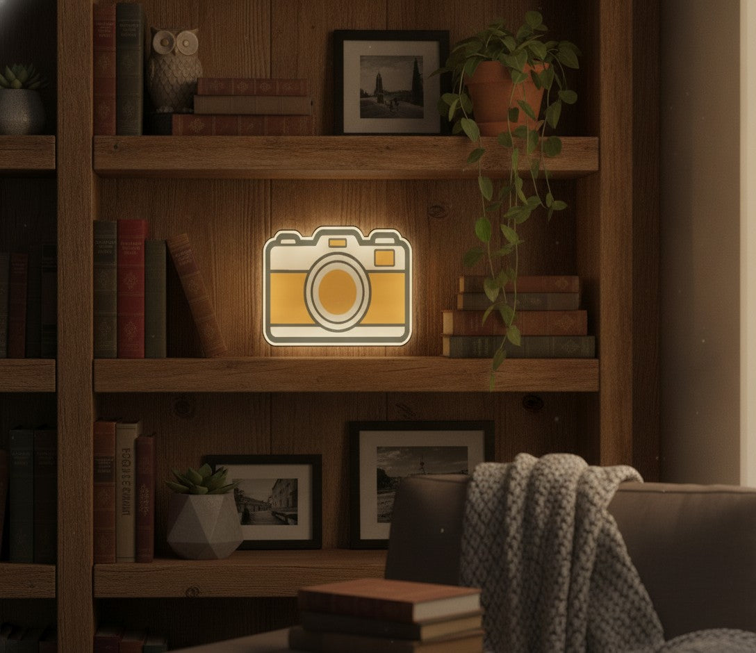 Retro-Kamera LED-Lampe im Bücherregal