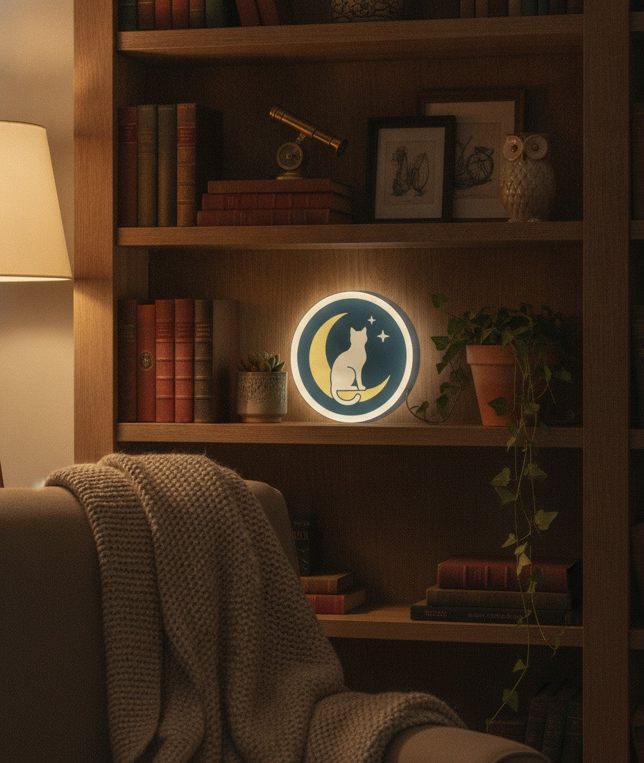 Katze auf dem Mond LED-Lampe im Bücherregal