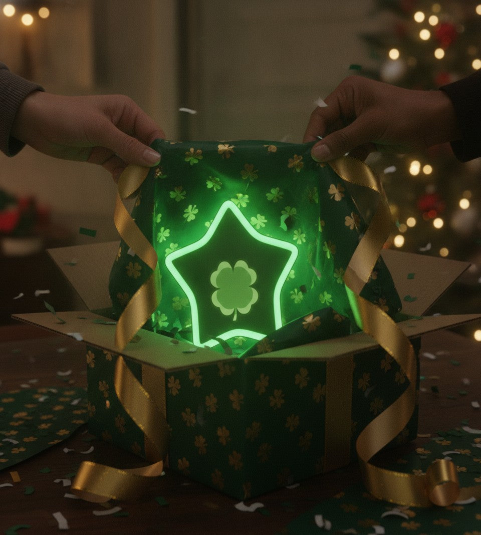 Glücksklee LED-Lampe als Geschenk beim Auspacken