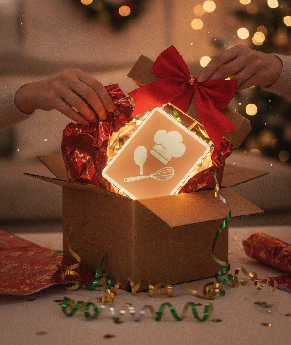 Kochmütze LED-Lampe als Geschenk beim Auspacken