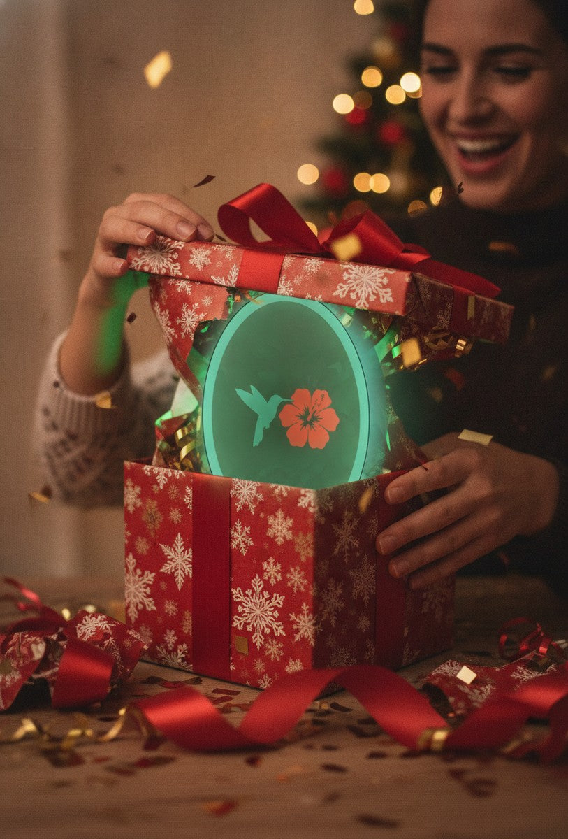 Kolibri mit Blüte LED-Lampe als Geschenk beim Auspacken