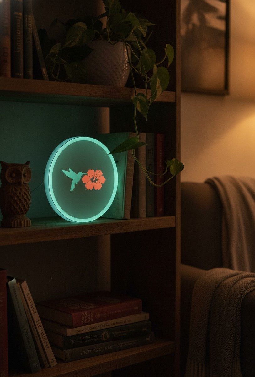Kolibri mit Blüte LED-Lampe im Bücherregal