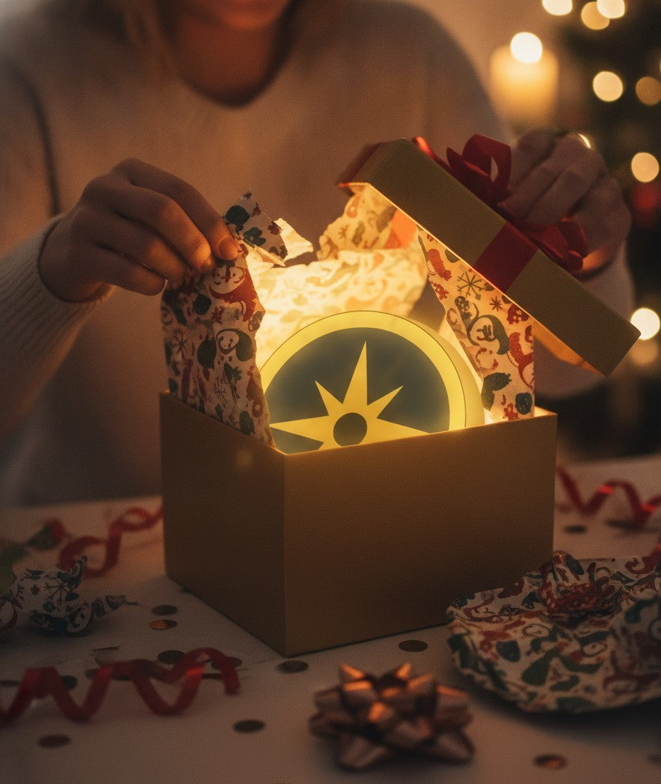 Kompass LED-Lampe als Geschenk beim Auspacken
