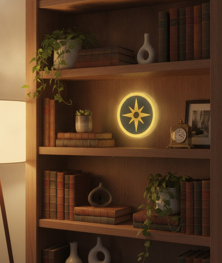 Kompass LED-Lampe im Bücherregal