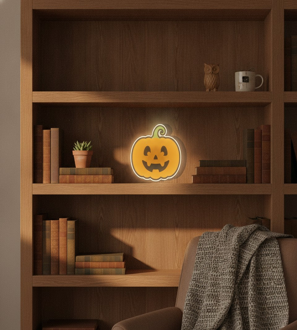 Halloween-Kürbis LED-Lampe im Bücherregal