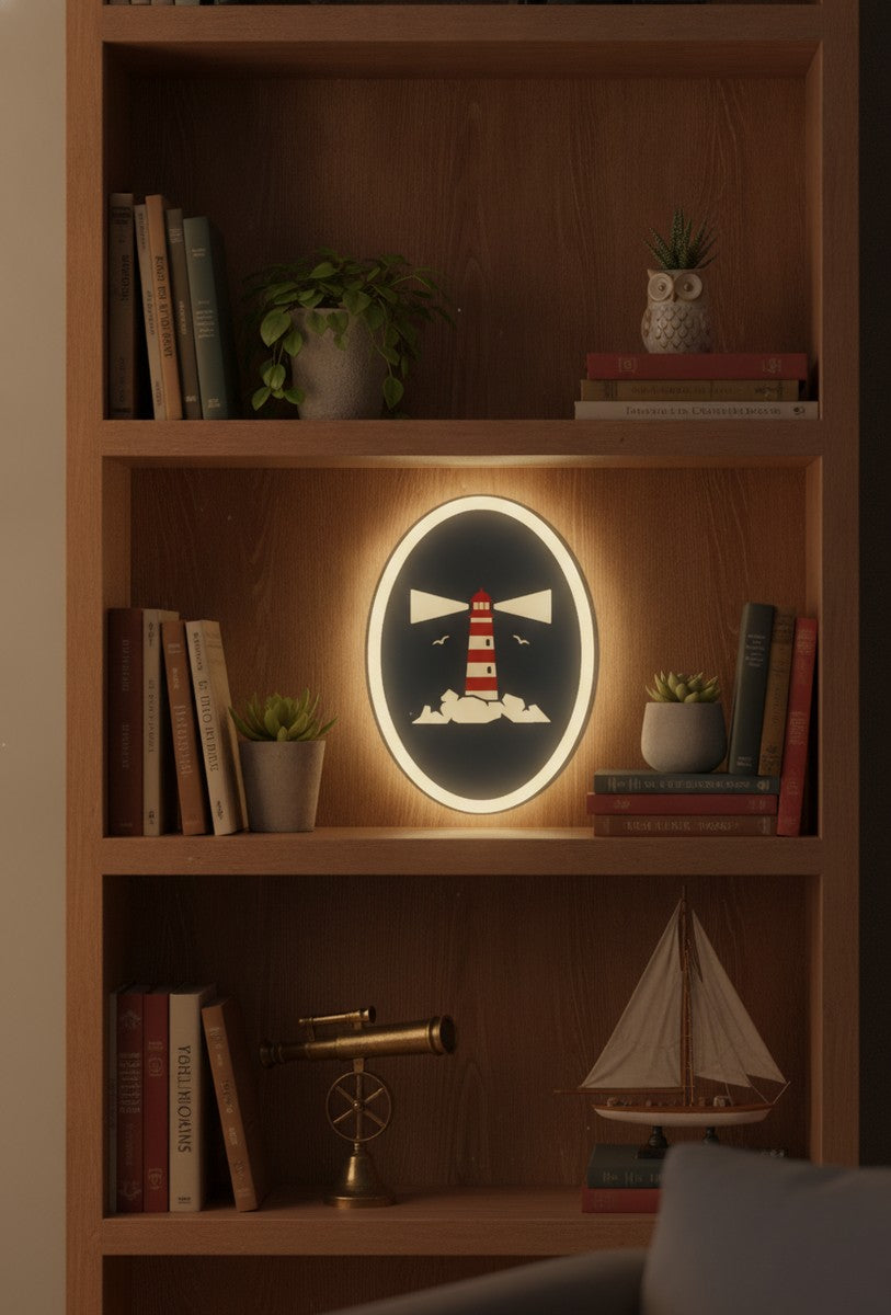 Leuchtturm LED-Lampe im Bücherregal