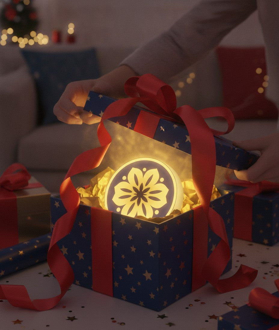 Mandala LED-Lampe als Geschenk beim Auspacken