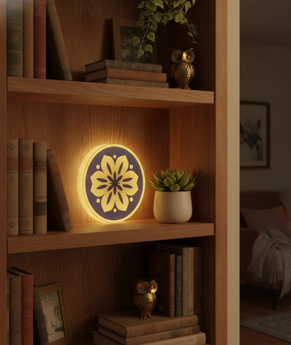 Mandala LED-Lampe im Bücherregal